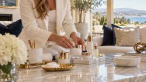 Luxury in-home skincare setup by a mobile aesthetic provider in an Orange County living room with ocean views
