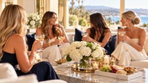 Friends celebrating at an in-home Botox party in an Orange County living room